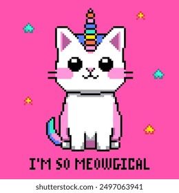 Pixel art cartoon Cat Unicorn on pink background. Cute unicorn kitten in kawaii style