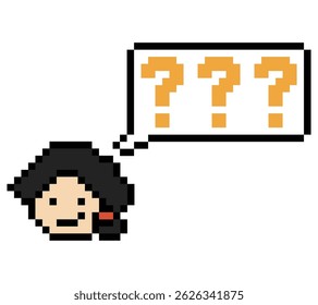 Pixel art cartoon character woman cute question mark decoration 8 bit female girl lady confused idea question mark think questionnaire choose cartoon pixel game 8bit vector.