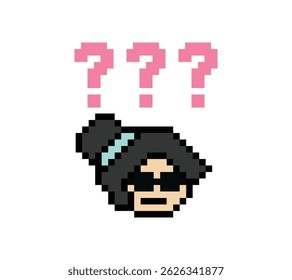 Pixel arte personagem de desenho animado mulher bonito ponto de interrogação decoração 8 bits menina mulher confuso ideia ponto de interrogação pensar questionário escolher desenho animado pixel jogo vetor de 8 bits.