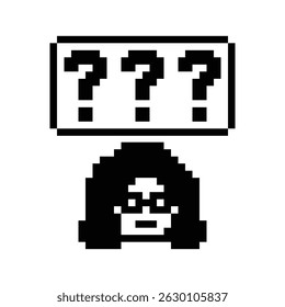 Pixel arte personagem de desenho animado mulher bonito ponto de interrogação decoração 8 bits menina mulher confuso ideia ponto de interrogação pensar questionário escolher desenho animado pixel jogo vetor de 8 bits.