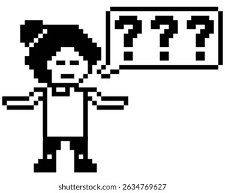 Pixel art cartoon character woman cute question mark decoration 8 bit female girl lady confused idea question mark think questionnaire choose cartoon pixel game 8bit vector.