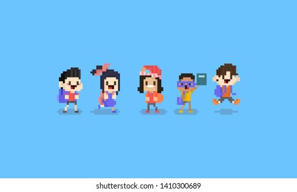 Pixel art cartoon children character.Back to school concept.8bit.