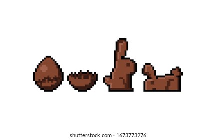 Pixel art cartoon chocolate easter egg and chocolate bunny icon set.