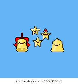 Pixel art cartoon christmas bell and stars.