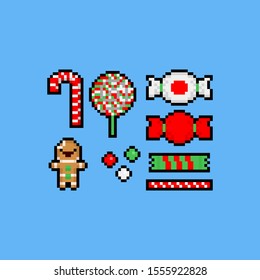 Pixel art cartoon christmas candy icon set.