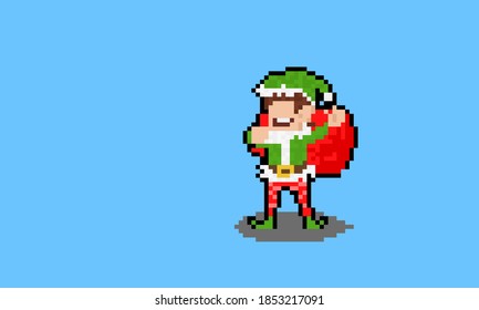 Pixel art cartoon christmas elf character holding red bag.