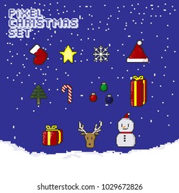 Pixel art cartoon Christmas icon set