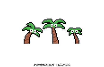 Pixel art cartoon coconut tree character set.8bit.