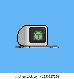 Pixel art cartoon computer screen with green virus.