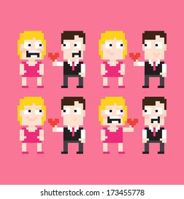 Pixel art cartoon couples giving heart and showing different emotions