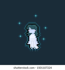 Pixel art cartoon cute ghost girl with 5 blue spirit.8bit.halloween.