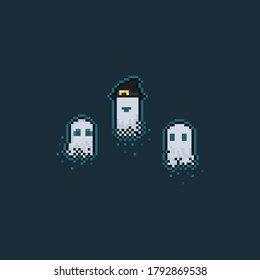 Pixel art cartoon cute ghost character set.