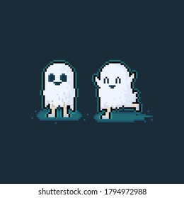 Pixel art cartoon cute little ghost character.