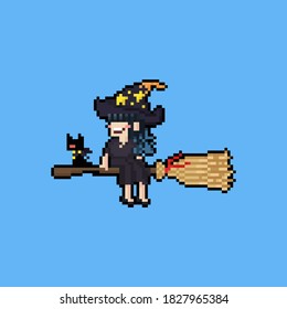 Pixel art cartoon cute witch on the flying broom.