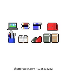 Pixel art cartoon education icon design set.