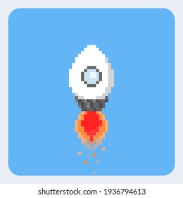 Pixel art cartoon egg rocket icon.