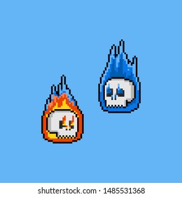 Pixel art cartoon fire skull head ghost.8bit.halloween.