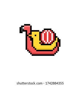 Pixel art cartoon flamingo and duck swimring with beach ball icon design.