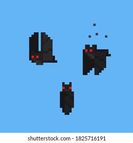 Pixel art cartoon flying bat character set.