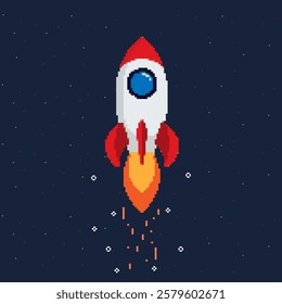 
Pixel art cartoon flying rocket illustration. 