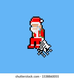 Pixel art cartoon flying santa claus with jetpack.