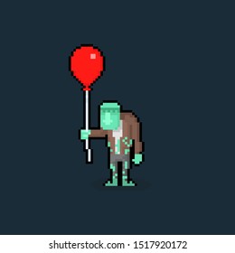 Pixel art cartoon frankenstein holding red balloon.