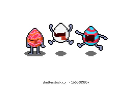 Caricatura de arte de Pixel graciosos personajes de huevo de Pascua.