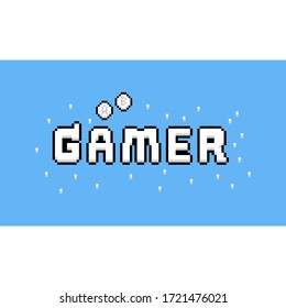 Pixel art cartoon gamer text design.