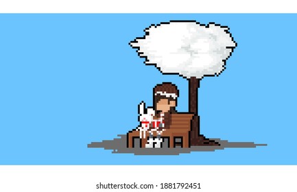 Pixel art cartoon girl character on chair with red gift box.