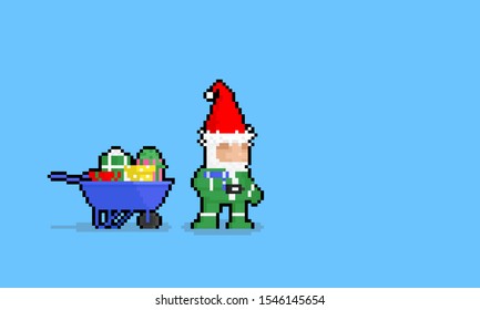 Pixel art cartoon gnome character with gift boxes.