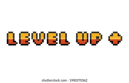 Pixel Art Cartoon Gold Level Up Text With Plus Sign.