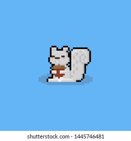 Pixel art cartoon grey squirrel holding the oak nut.8bit.