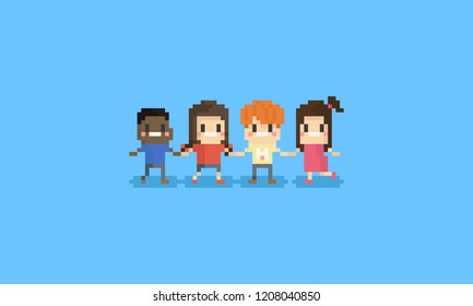 Pixel art cartoon group of children hold them hand Together