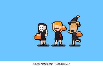 Pixel art cartoon group of girl with halloween costume.