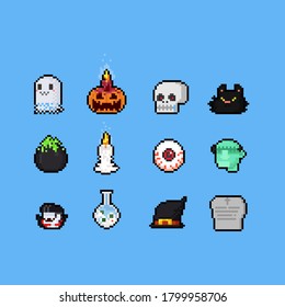 Pixel Art Cartoon Halloween Icon Set.