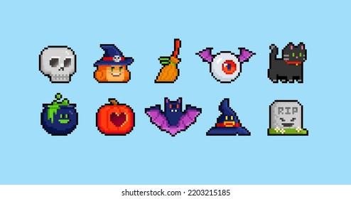 Pixel Art Cartoon Halloween icons   objects  8  bit pixel game graphics design  Halloween set funny witch  hat  night cat  bat  potion  tomb stone
