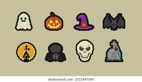 Pixel Art Cartoon Halloween icons and objects. 8-bit pixel game graphics design. Halloween set of funny witch, hat, night cat, bat, potion, tomb stone