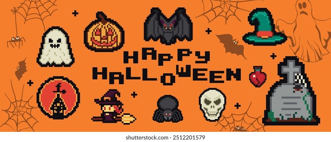 Pixel Art Cartoon Halloween icons and objects. 8-bit pixel game graphics design. Halloween set of funny witch, hat, night cat, bat, potion, tomb stone