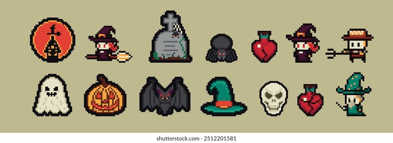 Pixel Art Cartoon Halloween icons and objects. 8-bit pixel game graphics design. Halloween set of funny witch, hat, night cat, bat, potion, tomb stone