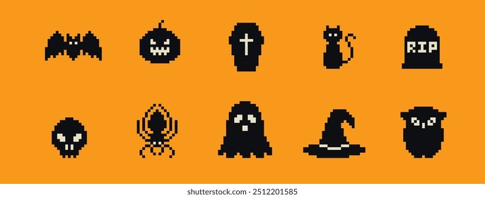 Pixel Art Cartoon Halloween icons and objects. 8-bit pixel game graphics design. Halloween set of funny witch, hat, night cat, bat, potion, tomb stone