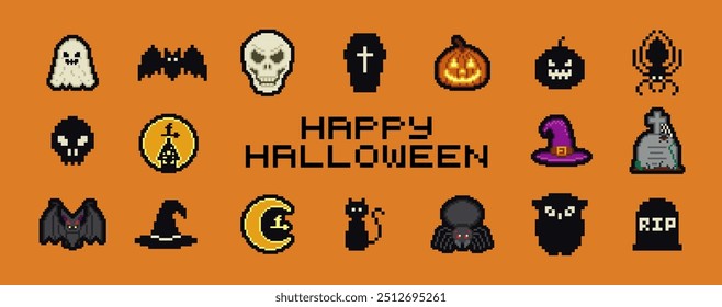Pixel Art Cartoon Halloween ícones e objetos. design gráfico de jogo de 8 bits. Dia das Bruxas conjunto de bruxa engraçada, chapéu, gato da noite, morcego, poção, pedra de túmulo