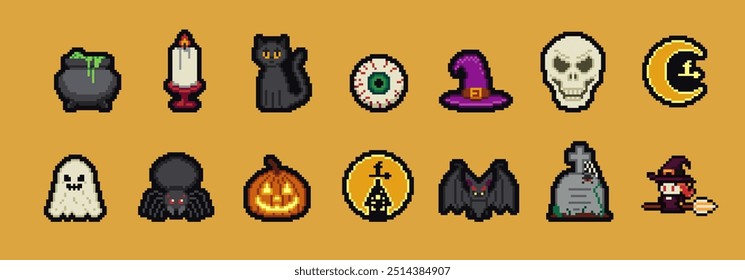 Pixel Art Cartoon Halloween ícones e objetos. design gráfico de jogo de 8 bits. Dia das Bruxas conjunto de bruxa engraçada, chapéu, gato da noite, morcego, poção, pedra de túmulo