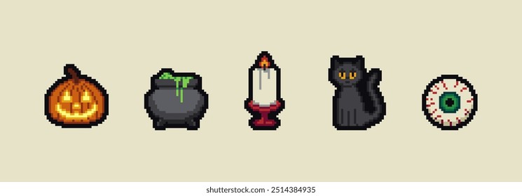 Pixel Art Cartoon Halloween icons and objects. 8-bit pixel game graphics design. Halloween set of funny witch, hat, night cat, bat, potion, tomb stone