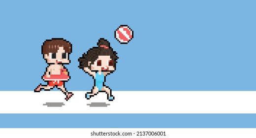 Pixel Art Cartoon glücklichen Jungen und Mädchen Charakter mit Schwimmanzug.