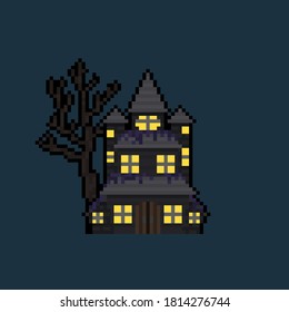 Pixel art cartoon haunted house.