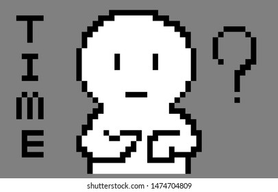 Pixel art cartoon human ask time on gray background vector illustration