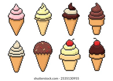 Pixel Art Cartoon Ice Cream Cone Set. Vector illustration