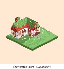 Pixel art cartoon isometric house in the garden.