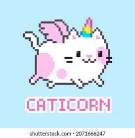 Pixel Art cartoon Kitten Unicorn with pink wings flying on blue background. Kawaii style Caticorn vector illustration. Cute running Unicorn Cat