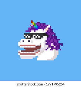 Pixel art cartoon laughing unicorn head with sunglasses.